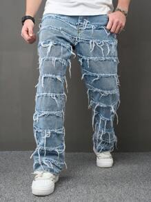 Manfinity EMRG 宽松男式纯色毛边牛仔裤 - 藍色 - 查看 5