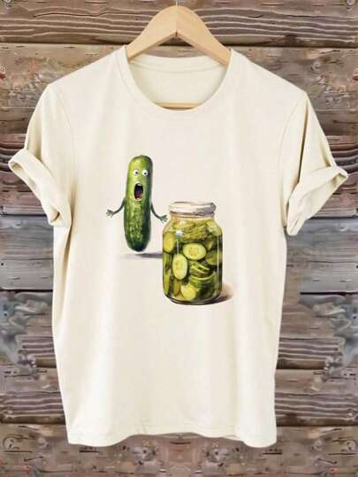 Calvaya Plus Size Funny Vegetable Pickled Cucumber Print T-Shirt, For Summer