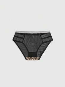 ROMWE Grunge Punk 1 pieza Ropa interior de tela de PU con estampado de leopardo, de cintura elástica en tono negro punk plateado