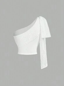 SHEIN MOD Top blanc avec nœud à l'épaule dénudée, Top de fête, Top de club, Top romantique élégant, Top bohème, Top d'été, Top de sortie - Blanc - Voir 2