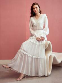 MOTF PREMIUM GATHERED CONTRAST LACE FLOWY DRESS,SPRING/SUMMER - White - View 1