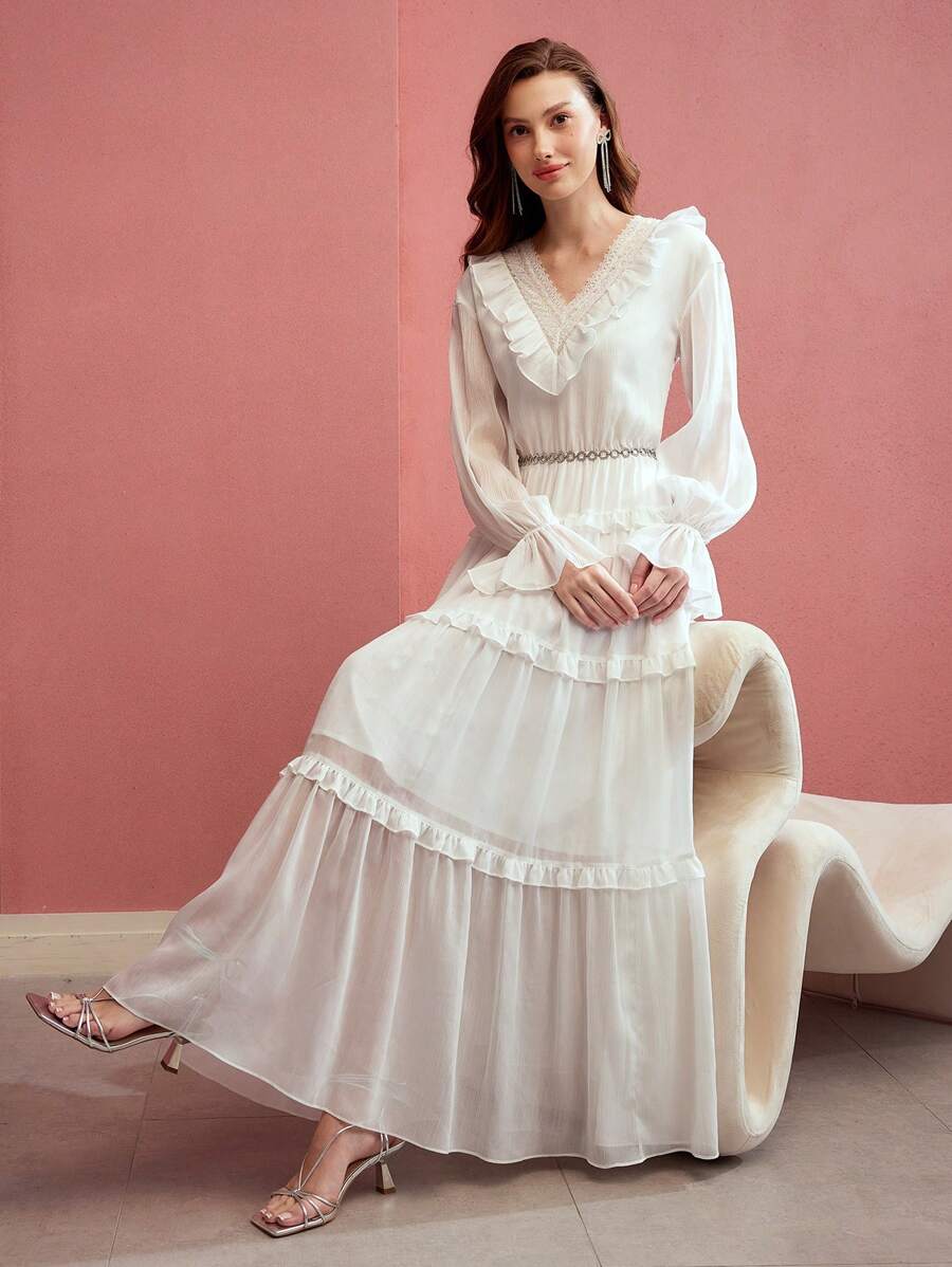 MOTF PREMIUM GATHERED CONTRAST LACE FLOWY DRESS,SPRING/SUMMER - White - View 1