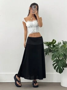 Flirla Black Satin Waist Spliced Textured Fabric Minimalist A-Line Skirt, Elegant & Versatile Slimming Fall Cloth For Women - Black - View 4