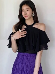 DAZY Blusa de gasa con hombros abiertos, volantes y manga corta de unicolor para mujer, primavera/verano - Negro - Ver 6