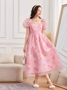 SHEIN Vestido largo con mangas abultadas de organza y estampado floral para adolescentes - Rosa - Ver 3