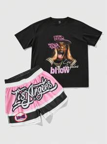 ROMWE MEN Street Life 2 件套男士街头嘻哈人物图案篮球球衣风格 T 恤和拳击短裤套装 - 黑色 - 查看 3