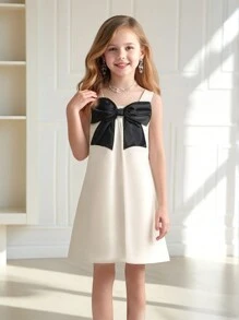 SHEIN Elegantes, minimalistisches ärmelloses, locker geschnittenes Farbblock-Lässig-Kleid mit Schleifendesign, rundem Ausschnitt, mädchenhafter Optik, geeignet für Mädchen im Sommer - Beige - Übersicht 1