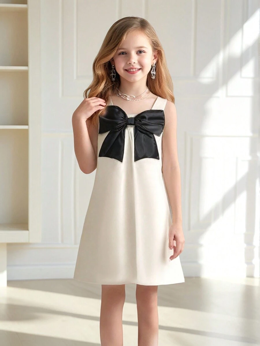 SHEIN Elegantes, minimalistisches ärmelloses, locker geschnittenes Farbblock-Lässig-Kleid mit Schleifendesign, rundem Ausschnitt, mädchenhafter Optik, geeignet für Mädchen im Sommer - Beige - Übersicht 1