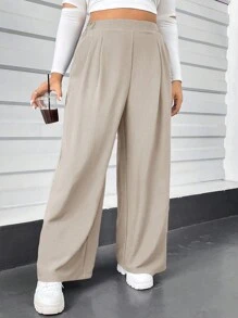 SHEIN Essnce Plus Size Women's Summer And Spring Casual Comfortable Loose Elastic Waist Light Apricot Color Basic Wide-Leg Pants,Springl Women Clothes,Homecoming,Old Money,Going Out Bottoms,Curv Pants,Women Outfits,Minimalist Clothes