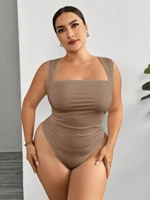 SHEIN Essnce 大码女式夏季和秋季休闲日常性感紧身卡其色背心连体衣，夏季女装，曲线加大码，早午餐装，性感上衣，外出上衣 - 卡其色 - 查看 6
