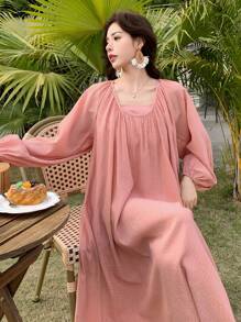 DAZY Women Casual Elegant Ruched Waist Midi Dress With Long Sleeves - Pink - View 6