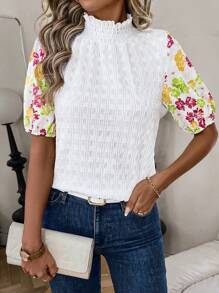 SHEIN Clasi Women Casual Commute Frill Collar Floral Print Short Puff Sleeve T-Shirt - White - View 4