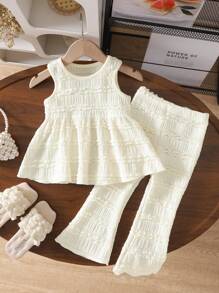 SHEIN Vintaside Kids Baby Girl Knitted Patterned Tank Dress Set, Summer Fashion