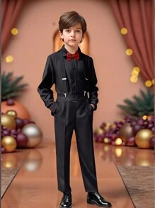 SHEIN 4 件套青少年男孩绅士装 - 黑色衬衫 + 吊带 + 酒红色领结正式西装 + 长裤，适合生日派对、舞会、婚礼、毕业典礼的优雅正式服装