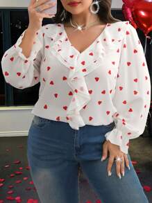 Flirla Blusa Plus Size Feminina Dia dos Namorados Romântico Coração Decote Em V Babados Manga Longa - Branco - Ver 3