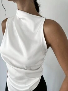 Firerie Áo sơ mi nữ đơn giản thanh lịch, cổ bẻ, viền cong, màu be, không tay, đi làm văn phòng - trắng - Xem 3