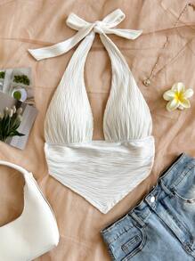 Soleia 纹理三角形下摆贴身挂脖背心，适合女士、度假、音乐节、波西米亚风、节日、约会、夏季上衣 - 白色 - 查看 3