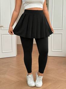 SHEIN EZwear Plus Size Solid Color Pleated Simple Leggings, Casual Everyday Wear