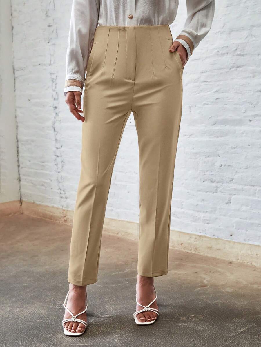 SHEIN BIZwear Women's Solid Color Pocket Simplicity Casual Long Pants - Khaki - View 1