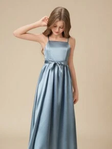 Tween Girl 奢华缎面露肩 A 字形连衣裙，配有系带腰带，细肩带吊带花童连衣裙，适合婚礼、舞会、生日派对、表演 - 藍色 - 查看 6