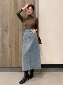 DAZY Western Style Women's Washed Slit Denim Mid-Length Skirt,Fall Clothes Jeans Skirt