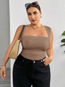 SHEIN Essnce 大码女式夏季和秋季休闲日常性感紧身卡其色背心连体衣，夏季女装，曲线加大码，早午餐装，性感上衣，外出上衣 - 卡其色 - 查看 7