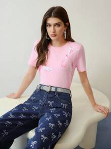 MOTF STUDIO BOW PRINT FAUX PEARL DECOR T-SHIRT,VALENTINE'S DAY,SPRING ...