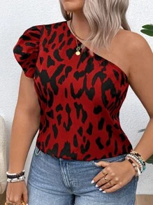 SHEIN VCAY Plus Size Vacation Single Cap Sleeve Leopard Print Blouse - Red - View 6