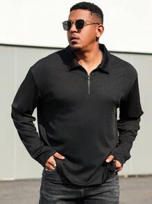 Manfinity Homme 加大码男士休闲纯色长袖Polo衫，秋季款 - 黑色 - 查看 5