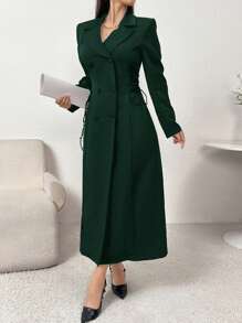 Modelyn Women's Solid Color Button-Front Long Sleeve Casual Long Coat - Dark Green - View 4