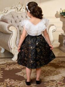 SHEIN 2pcs Set Young Girl Elegant Solid Color Ruffle Mesh Patchwork Blouse And Butterfly Jacquard A-Line Skirt - Multicolor - View 2