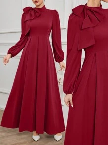Modelyn Tie Shoulder Long Sleeve Dress For Women Maxi Women Outfit - Burgundy - View 1