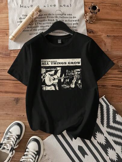 Attitoon 音乐节休闲宽松乐队图案圆领短袖女式T恤，棉混纺，适合夏季