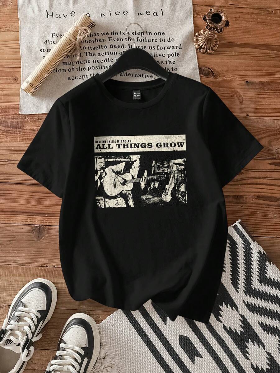 Attitoon 音乐节休闲宽松乐队图案圆领短袖女式T恤，棉混纺，适合夏季 - 黑色 - 查看 1