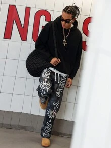 Manfinity Streetrush Manfinity Streetrush Men's Branch & Letter Print Drawstring Waist Casual Pants,Camo Pants