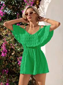 SHEIN VCAY Vacation Saint Patrick Day Texture Fabric Off-Shoulder One Piece Summer Beach Women's Jumpsuit - Green - View 5