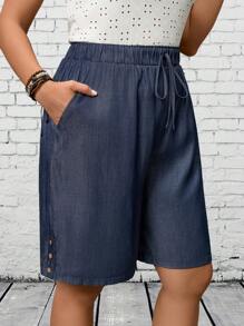 EMERY ROSE 大码女式纯色抽绳腰部口袋休闲短裤春季女式度假乡村服装