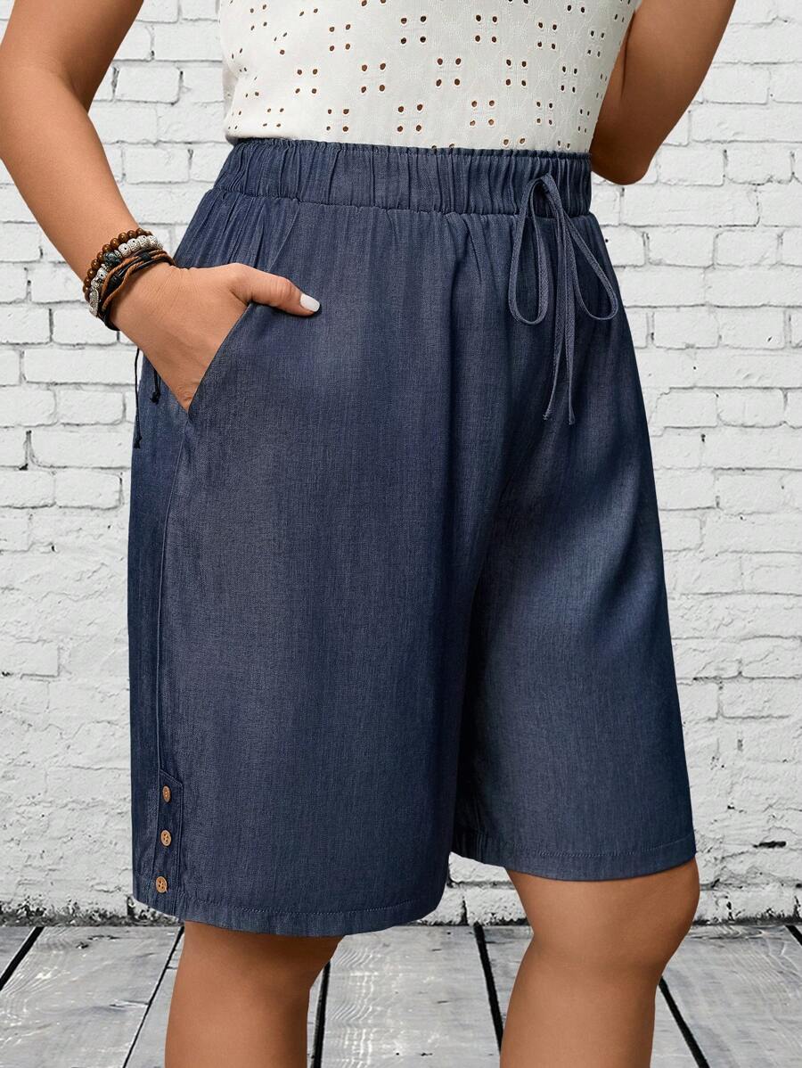 EMERY ROSE 大码女式纯色抽绳腰部口袋休闲短裤春季女式度假乡村服装