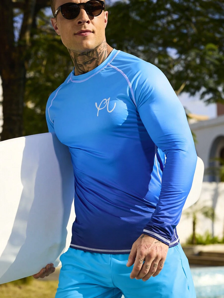 Manfinity Swimmode Men's Letter Print Ombre Surf Raglan Long Sleeve T-Shirt,Hawaiian