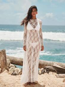 Opulessa 女士纯色针织蕾丝长袖美人鱼连衣裙 - 白色 - 查看 5