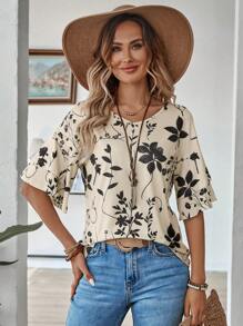 EMERY ROSE Women Plant Print Short Sleeve Casual T-Shirt - Multicolor - View 6