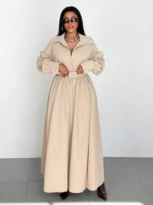 Maweii Vestido camisa informal de manga larga, hombros caídos, talla grande, unicolor para mujeres - Camel - Ver 4