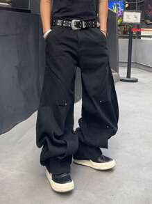 Manfinity EMRG Men's Plain Pocket Simple Loose Denim Jeans, Casual Everyday Wear - Black - View 4