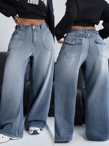SHEIN EZwear Jeans de pierna ancha con lavado degradado de talla grande, informal - Gris Claro - Ver 8