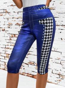 SHEIN Clasi Women's Denim Effect Houndstooth Print Leggings Boho - Multicolor - View 1