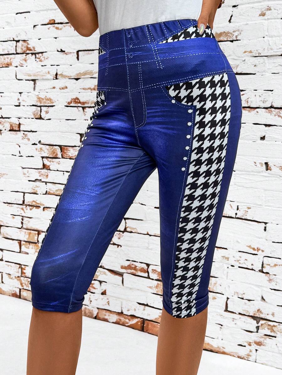 SHEIN Clasi Women's Denim Effect Houndstooth Print Leggings Boho - Multicolor - View 1