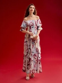 MOTF PREMIUM 花卉印花垂坠露肩连衣裙 - 彩色 - 查看 6