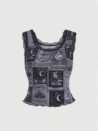 Goth Top canottiera in rete da donna con pizzo a contrasto di stile gotico