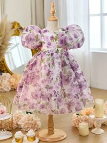 SHEIN Young Girl Chiffon Ditsy Floral V-Neck Puff Sleeve Hollow Out Bow Back Decor Party Dress
