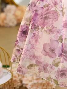 SHEIN Young Girl Chiffon Ditsy Floral V-Neck Puff Sleeve Hollow Out Bow Back Decor Party Dress